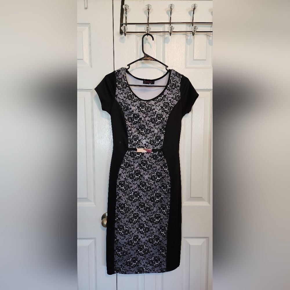 Woman's Optical Illusion Hour Glass Bodycon Dress Lace Gold Details